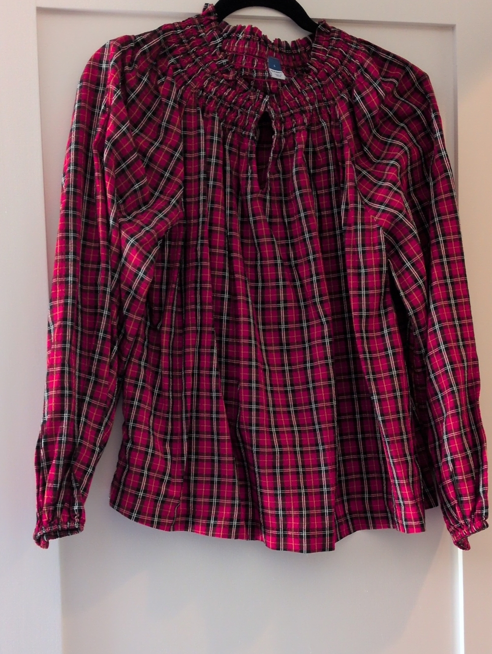 Old Navy Pink and Black Plaid Smocked Top